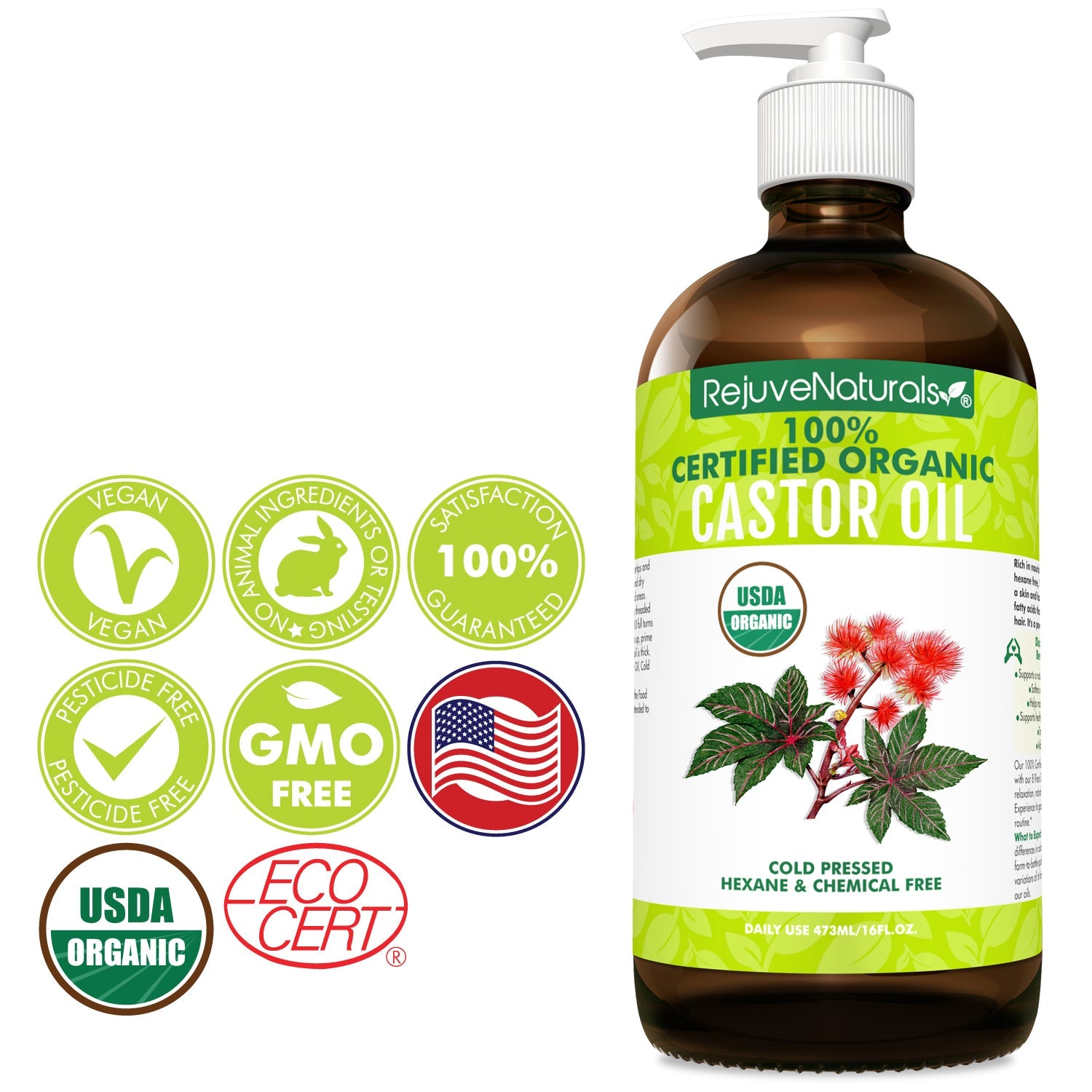 USDA Certified Organic Castor Oil - 16oz Glass Bot
